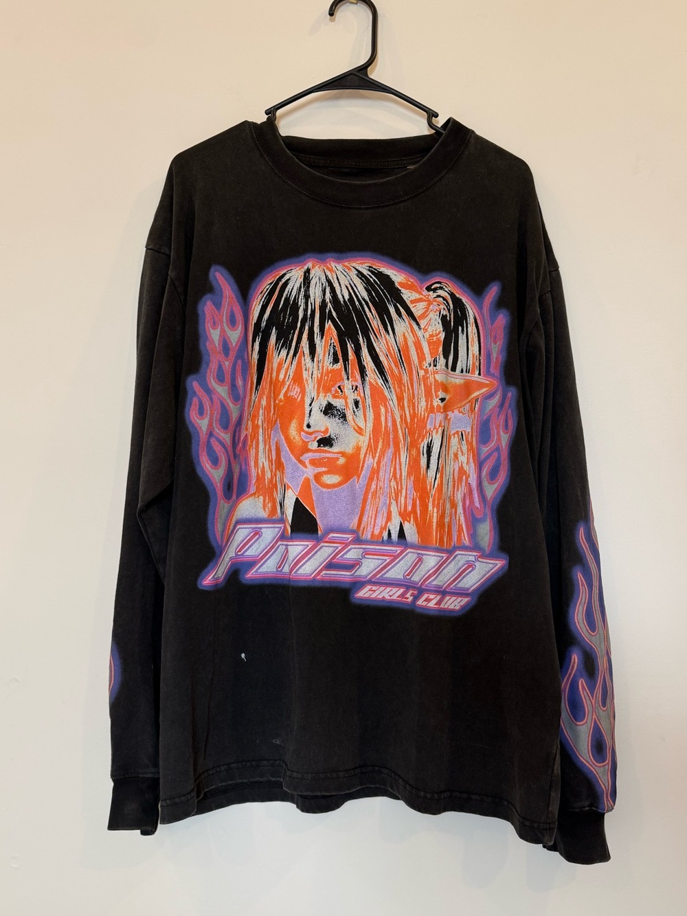 Poison Girls Club Long-Sleeve Graphic Tee with Neon Flame Anime Art